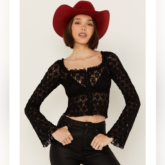 NWT Free People Madison Black Sheer Long Sleeve Top Size Small
